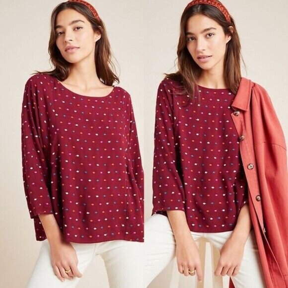 ANTHROPOLOGIE MAEVE Dottie Top Blouse Size Medium Burgundy Embroidered Polka Dot - Picture 1 of 9